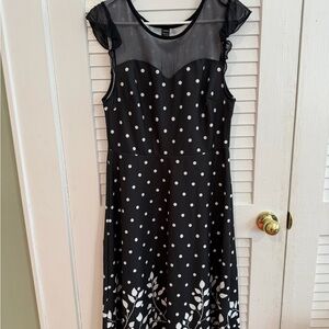 Black Polka Dot Dress – Mesh Yoke Ruffle Sleeve – Size L